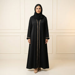 Shiny Satin Abaya with Wavy Lace Detail Black