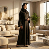 Shiny Satin Abaya with Wavy Lace Detail Black