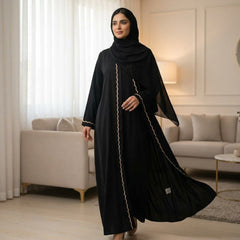 Shiny Satin Abaya with Wavy Lace Detail Black