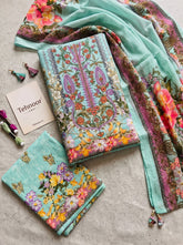 Aqua Mint Floral Embroidered Pure Cotton Unstitched Suit Material