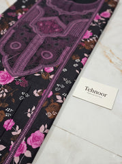 Black Printed Cotton Unstitched Suit with Pink Rose Print