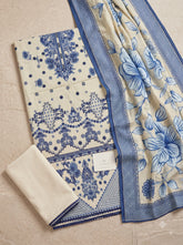 Cream Blue Heavy Lawn Cotton Unstitched Suit with Printed Dupatta