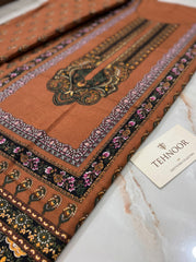 Rust Brown Printed Cotton Unstitched Suit with Floral Border Dupatta