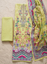 Lime Green Pure Cotton Unstitched Suit with Mal-Mal Cotton Dupatta
