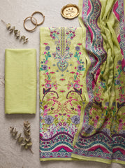 Lime Green Pure Cotton Unstitched Suit with Mal-Mal Cotton Dupatta