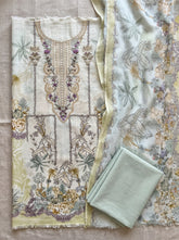 Ivory Mint Green Viscose Rayon Digital Print Embroidered Unstitched Suit Material