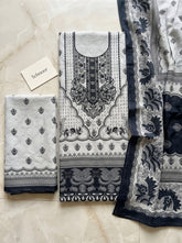 Pearl Grey Printed Cotton Unstitched Suit with Navy Dupatta