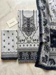 Pearl Grey Printed Cotton Unstitched Suit with Navy Dupatta