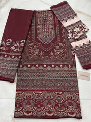 Maroon Printed Cotton Unstitched Suit with Blush Pink Dupatta
