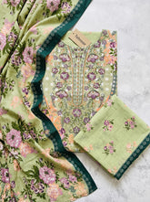 Sage Green Cotton Unstitched Suit with Heavy Embroidery and Printed Plazo