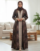 Tehnoor Brown Floral Romance Abaya – Premium Indian Nida Fabric Front-Open Modest Cardigan with Contrast Beige Panels