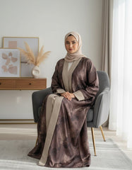 Tehnoor Brown Floral Romance Abaya – Premium Indian Nida Fabric Front-Open Modest Cardigan with Contrast Beige Panels