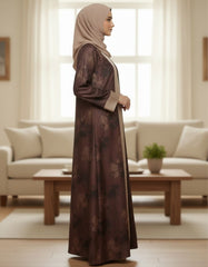 Tehnoor Brown Floral Romance Abaya – Premium Indian Nida Fabric Front-Open Modest Cardigan with Contrast Beige Panels