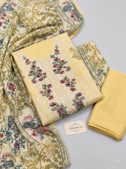 Butter Yellow Viscose Rayon Unstitched Suit with Heavy Embroidery and Cotton Dupatta