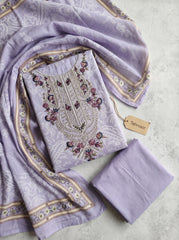 Lilac Purple Viscose Rayon Unstitched Suit with Heavy Embroidery and Cotton Dupatta