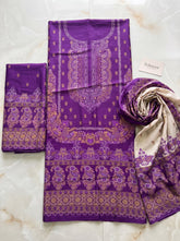 Royal Purple Printed Cotton Unstitched Suit with Cream Dupatta