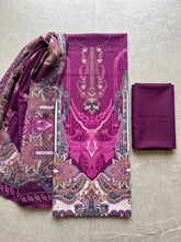 Plum Purple Pure Cotton Unstitched Suit with Mal-Mal Cotton Dupatta