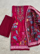 Raspberry Red Pure Cotton Unstitched Suit with Mal-Mal Cotton Dupatta
