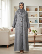Elegant Grey Woven Leaf Abaya | Lapel Collar & Premium Jacquard-Style Motif