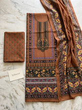 Rust Brown Printed Cotton Unstitched Suit with Floral Border Dupatta