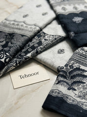 Pearl Grey Printed Cotton Unstitched Suit with Navy Dupatta