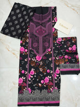 Black Printed Cotton Unstitched Suit with Pink Rose Print