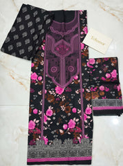 Black Printed Cotton Unstitched Suit with Pink Rose Print