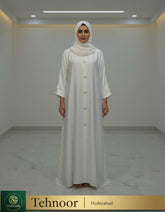 White Satin Crepe Abaya with Button Detail