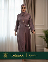 Shrug-Style Abaya with Glitter Trim, Belt & Silver Pendant Dark Sauve
