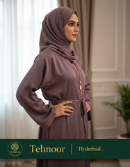 Shrug-Style Abaya with Glitter Trim, Belt & Silver Pendant Dark Sauve