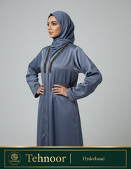 Blue Satin Abaya with Chevron Beadwork