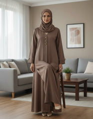 Coffee Brown Premium Soft Crepe Open Front Abaya - Earthy Modest Cardigan with Gold Triangle Accents - 54" Length