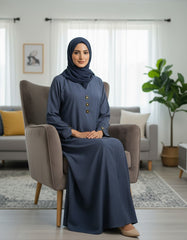 Slate Blue Premium Soft Crepe Open Front Abaya - Elegant Modest Cardigan with Gold Triangle Accents - 54" Length