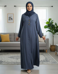 Slate Blue Premium Soft Crepe Open Front Abaya - Elegant Modest Cardigan with Gold Triangle Accents - 54" Length