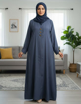 Slate Blue Premium Soft Crepe Open Front Abaya - Elegant Modest Cardigan with Gold Triangle Accents - 54" Length