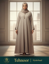 Premium Taupe Soft Crepe Open Front Abaya - Modern Modest Cardigan with Gold Triangle Accents - 54" Length