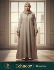Premium Taupe Soft Crepe Open Front Abaya - Modern Modest Cardigan with Gold Triangle Accents - 54" Length