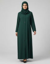 Emerald Green Ribbed Textured Abaya - Modern Front-Open Modest Cardigan with Geometric Triangle Accents - 54" Length