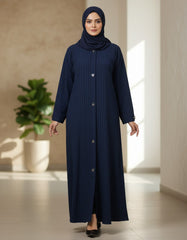 Premium Navy Blue Ribbed Abaya - Modern Textured Open-Front Modest Cardigan with Silver Triangle Accents - 54" Length