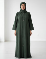 Olive Green Vertical Ribbed Abaya - Premium Textured Open-Front Modest Cardigan with Silver Triangle Detailing - 54" Length