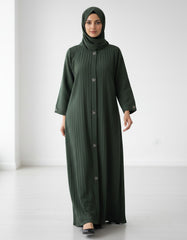 Olive Green Vertical Ribbed Abaya - Premium Textured Open-Front Modest Cardigan with Silver Triangle Detailing - 54" Length