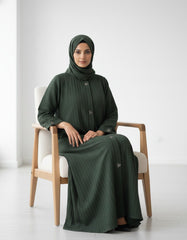 Olive Green Vertical Ribbed Abaya - Premium Textured Open-Front Modest Cardigan with Silver Triangle Detailing - 54" Length