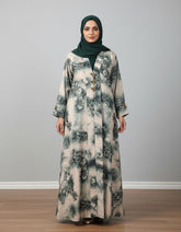Vintage Emerald Floral Nida Abaya - Elegant Digital Print Open-Front Cardigan with Gold & Black Enamel Accents - 56" Length
