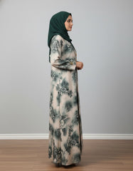 Vintage Emerald Floral Nida Abaya - Elegant Digital Print Open-Front Cardigan with Gold & Black Enamel Accents - 56" Length