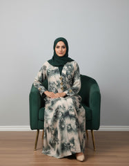 Vintage Emerald Floral Nida Abaya - Elegant Digital Print Open-Front Cardigan with Gold & Black Enamel Accents - 56" Length