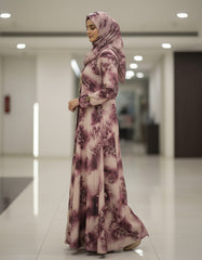 Vintage Mauve Floral Nida Abaya – Premium Digital Print Open-Front Modest Cardigan with Gold & Black Enamel Accents – 56" Length