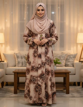 Vintage Mocha Earth Bloom Nida Abaya – Premium Digital Print Front-Open Modest Cardigan with Gold & Black Enamel Hardware – 56" Length