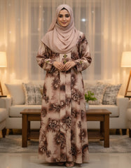 Vintage Mocha Earth Bloom Nida Abaya – Premium Digital Print Front-Open Modest Cardigan with Gold & Black Enamel Hardware – 56" Length