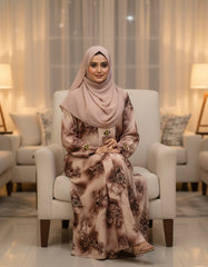 Vintage Mocha Earth Bloom Nida Abaya – Premium Digital Print Front-Open Modest Cardigan with Gold & Black Enamel Hardware – 56" Length