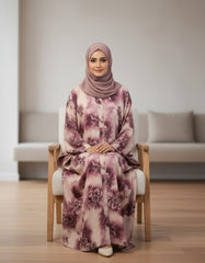 Vintage Midnight Mauve Abaya – Premium Digital Print Oversized Modest Kaftan with Fluid Drape – 56" Length, 24" Bust